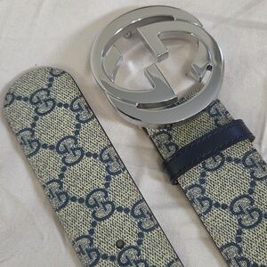 Gucci Blue Beige Monogram Belt with Silver Double G Buckle